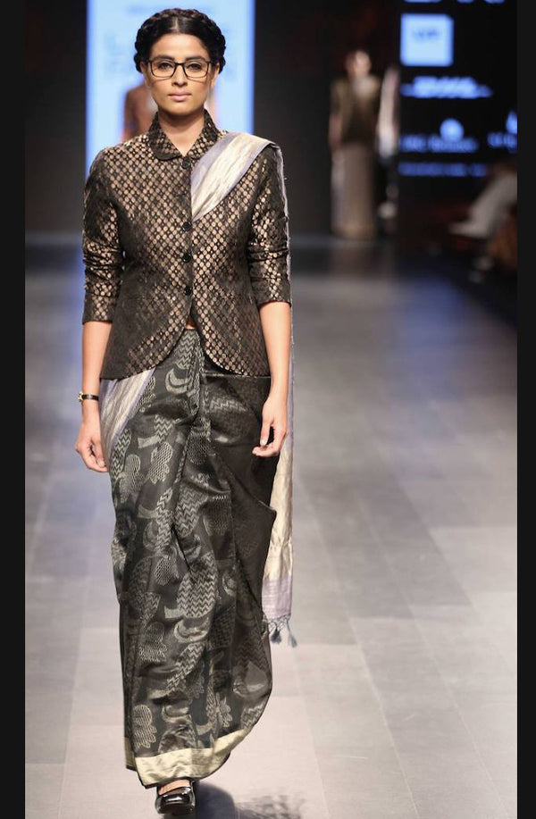women's Holy Smoke Silk cotton half-n-half Saree with oversized jaal- grey colour
