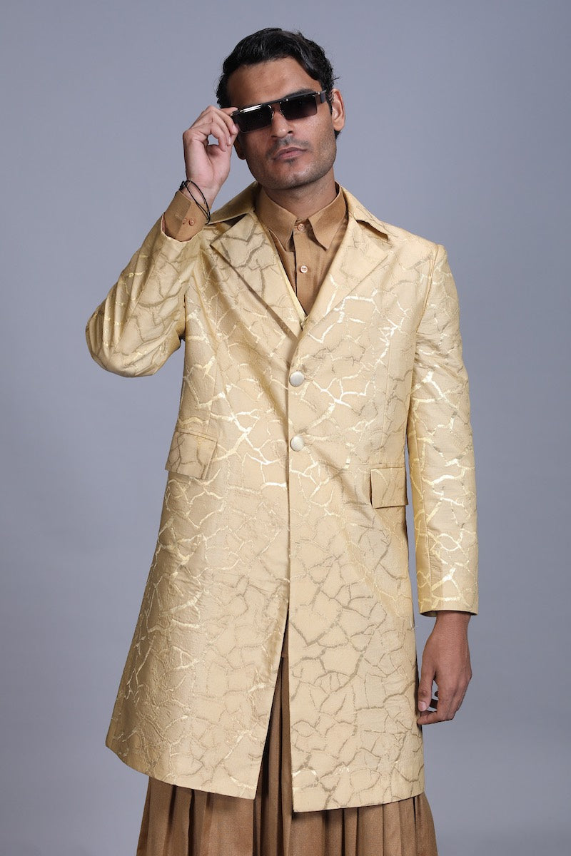 Men s Bhoomi Gold Brocade Long Jacket Soil colour single