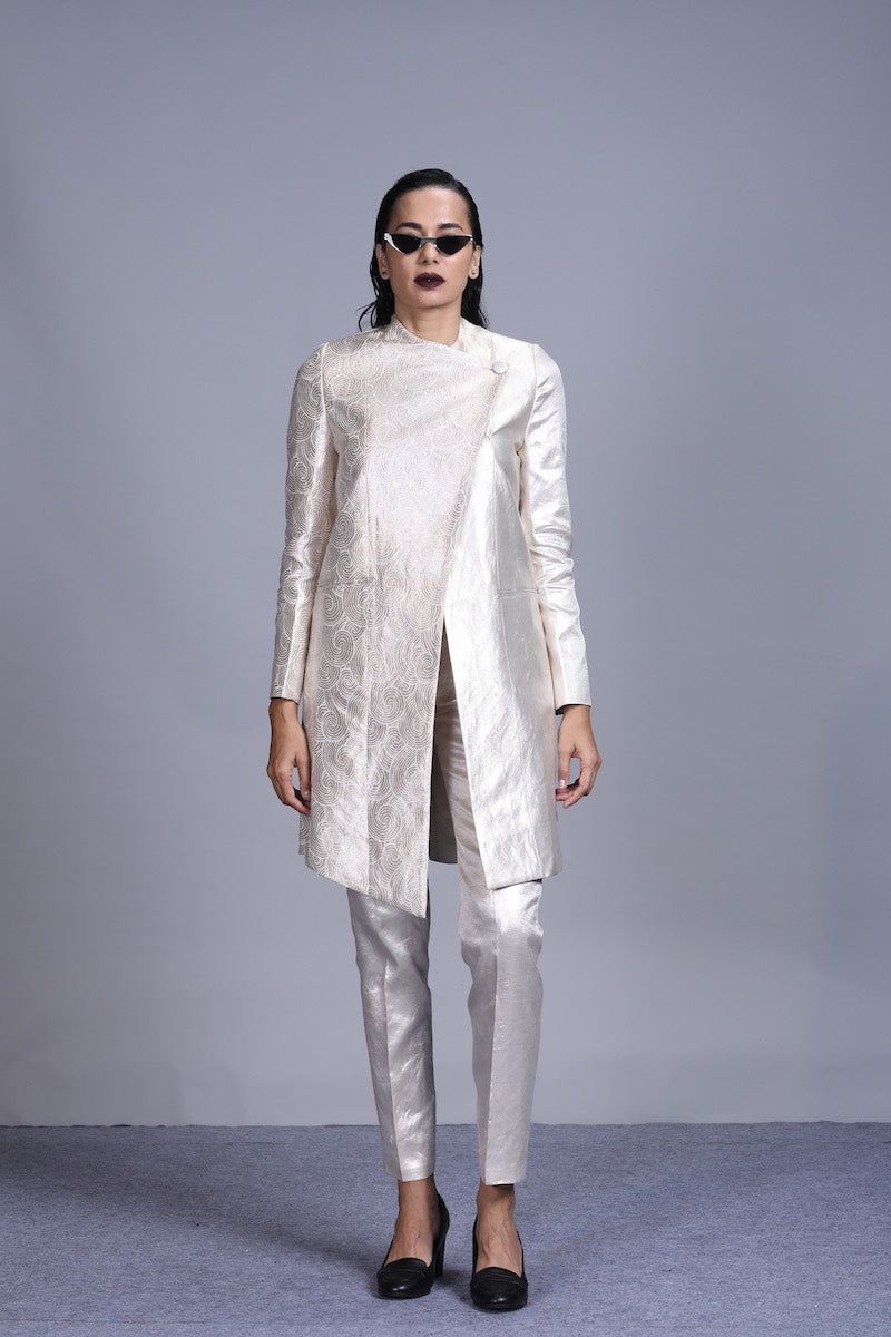 Women's Vayu Silver Brocade Long Jacket- White colour, Asymmetric Panelled, Single Button