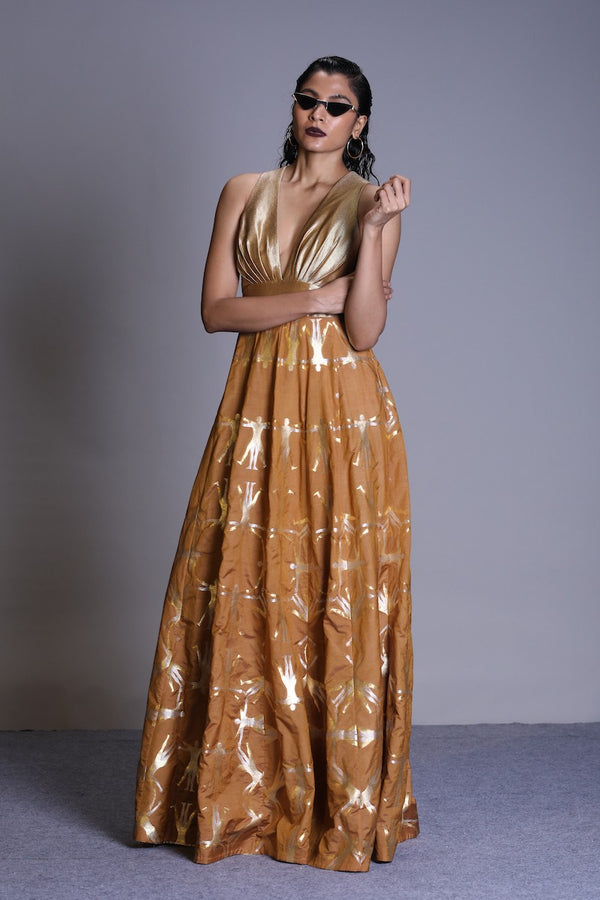 Women's Deh Gold-Silver Brocade Evening Dress - Mustard colour, Plunging neckline