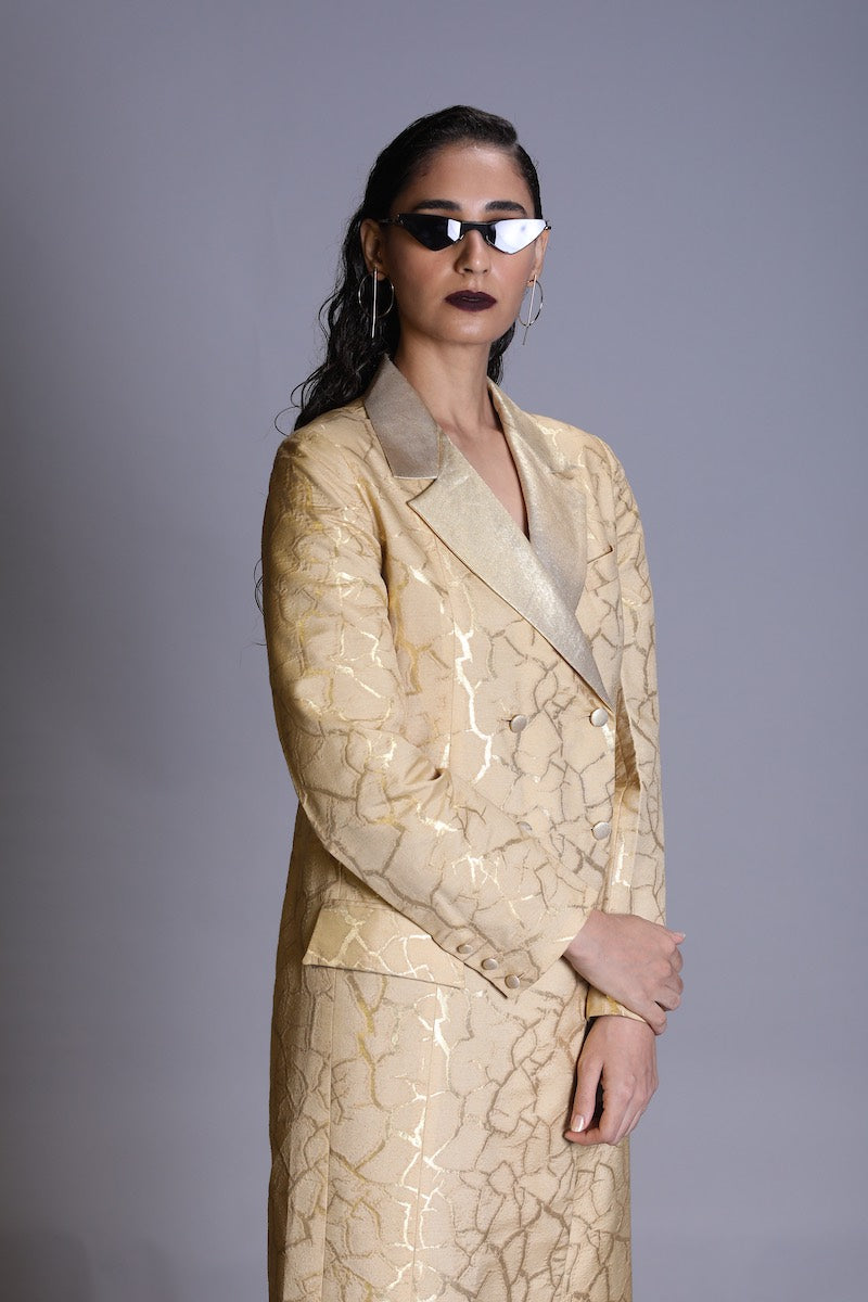 Women's Bhoomi Gold Brocade Trench -Soil Colour, Double-breasted, Gold Lapel