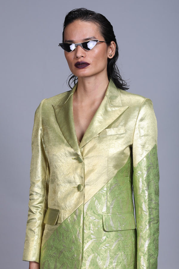 Women's Jagat Gold Silver Brocade  Jacket-  Leaf Green Colour, Single-Breasted, Two Button Asymmetric Panelled