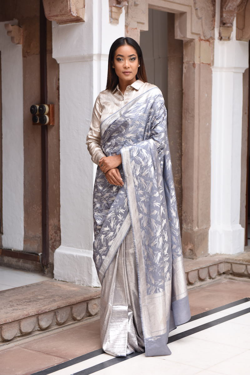 Women's  Aatma Silver Brocade Half-n-half Saree - Grey colour