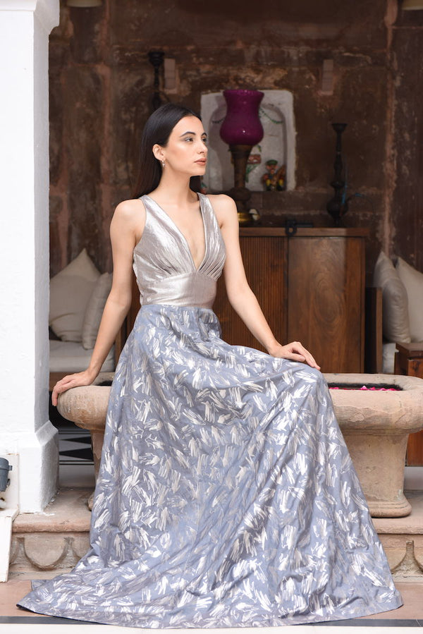 Grey Brocade Striped Gown | Indian gown design, Indian outfits lehenga,  Gowns