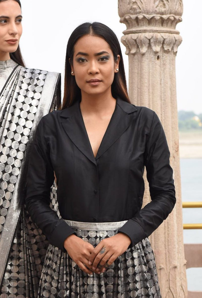 Women's Spun Silk shirt-  Black colour, lapel collar, full sleeves