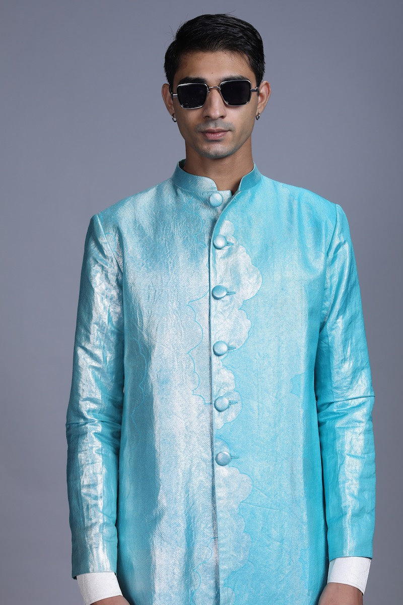 Men's Gagan Silver Brocade Sherwani - Gradiant Blue Colour with matching Kurta-Pyjama