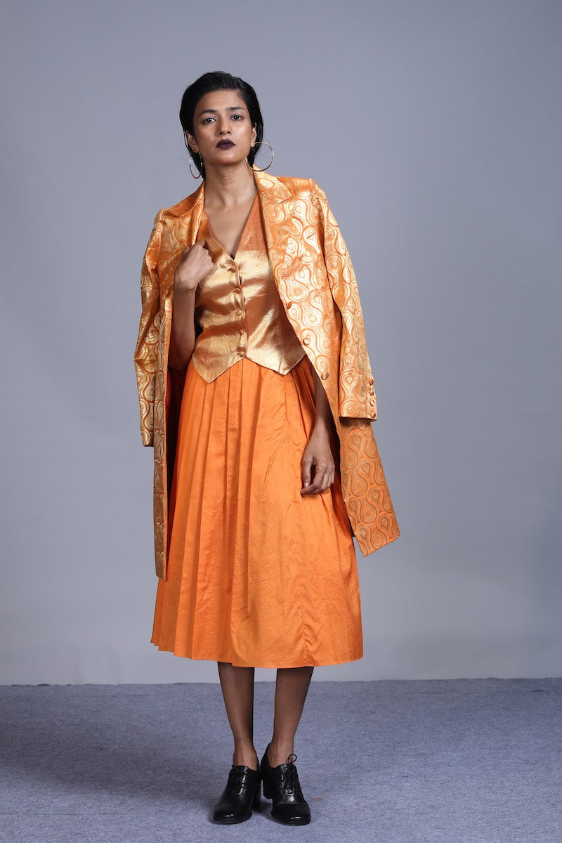 Women's Agni Gold Brocade Jacket- Orange Colour, Single-Breasted, Three Button