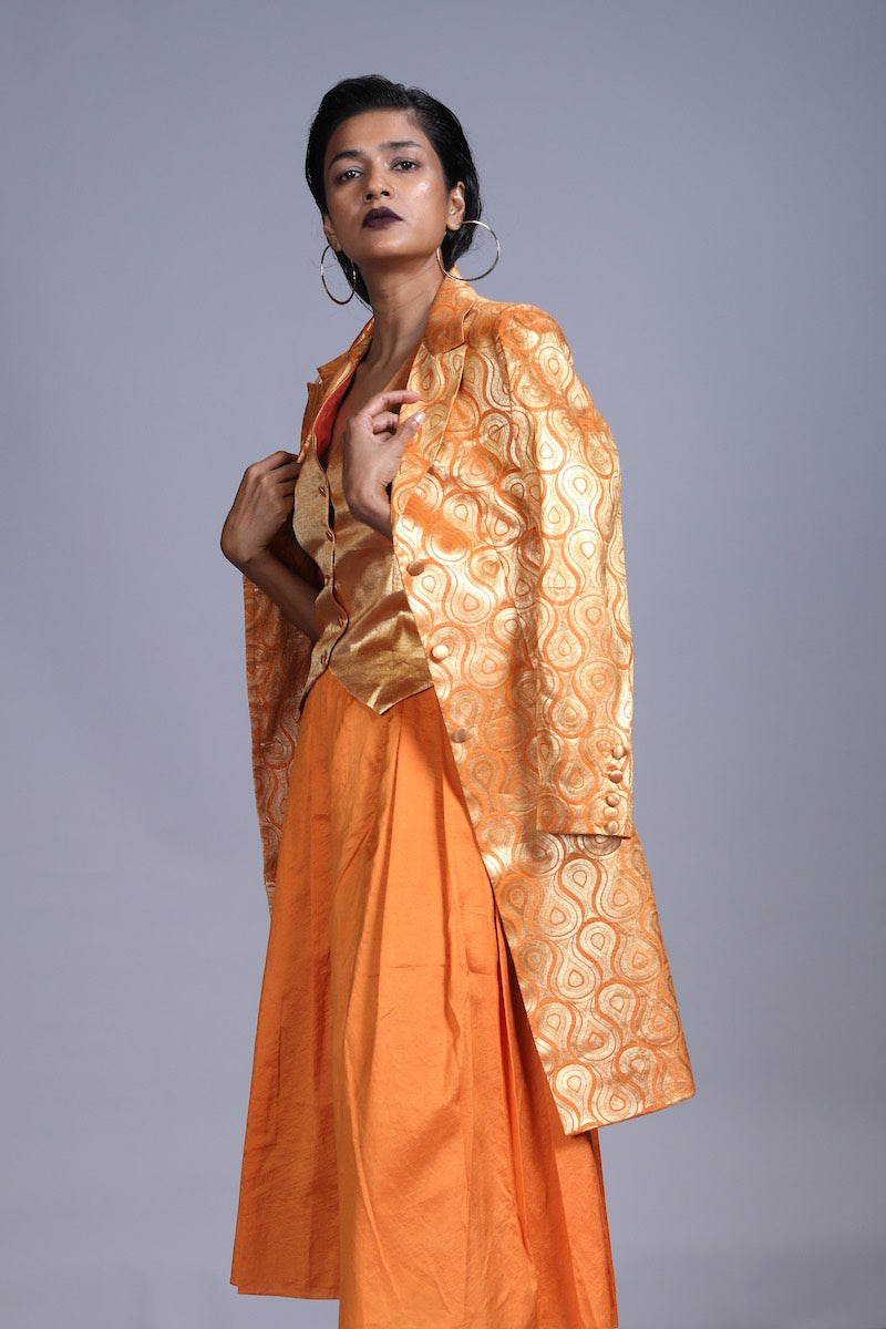Women's Agni Gold Brocade Jacket- Orange Colour, Single-Breasted, Three Button