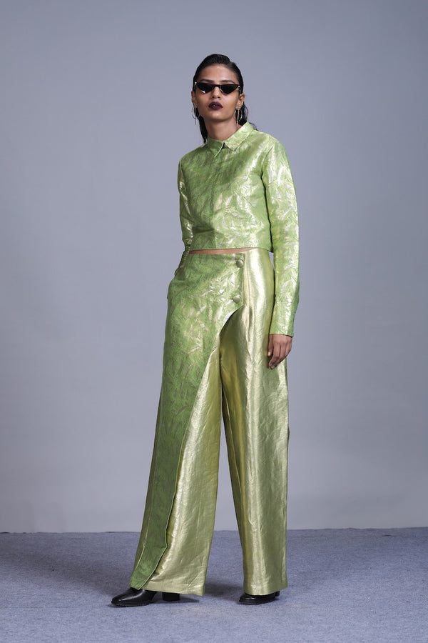 Women's Jagat Gold Silver Brocade Trousers- Leaf Green colour, asymmetric overlay panel