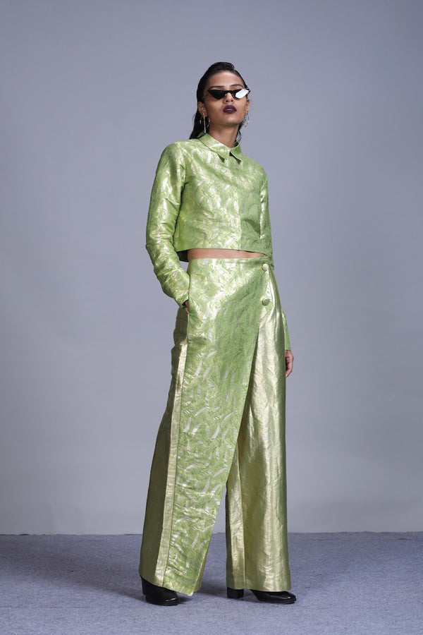 Women's Jagat Gold Silver Brocade Trousers- Leaf Green colour, asymmetric overlay panel