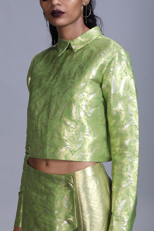 Women's Jagat Gold Silver Brocade CropTop-  Leaf Green Colour, Boxy Fit