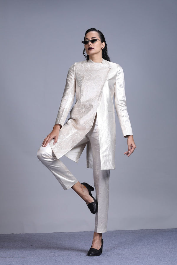 Women's Aatma Silver Brocade Trousers - Grey colour, Bootcut
