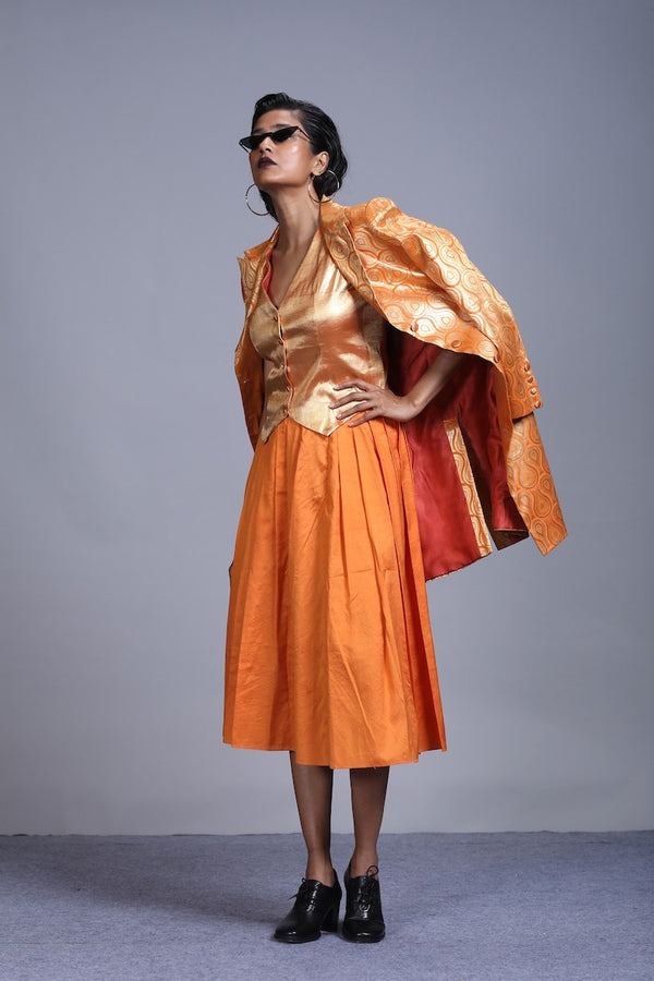 Women's spun silk skirt- Orange Colour, Knife-pleated, calf-length