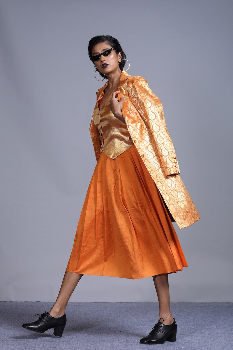 Women's spun silk skirt- Orange Colour, Knife-pleated, calf-length