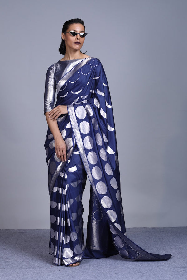 Women's Neel-Chandra Silver Brocade Saree - Navy Blue colour