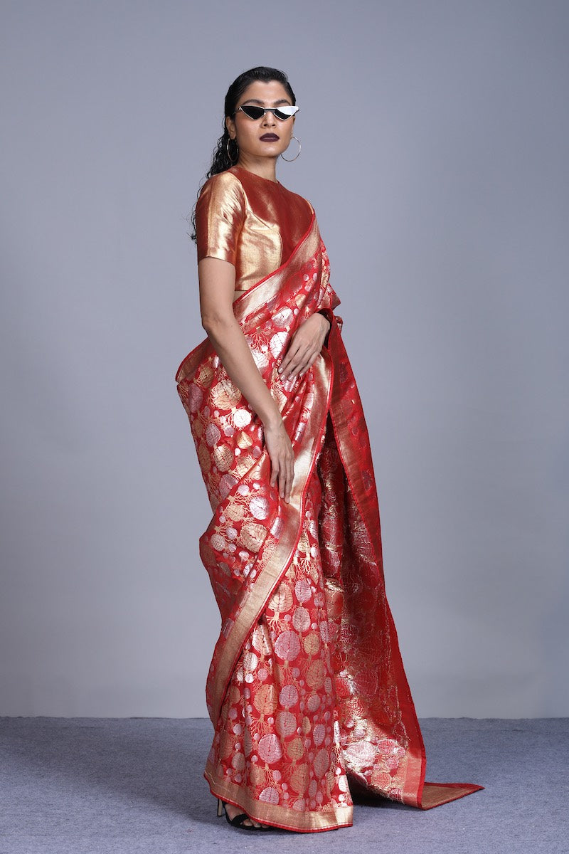 Women's Mano Gold-Silver Brocade Saree - Red colour