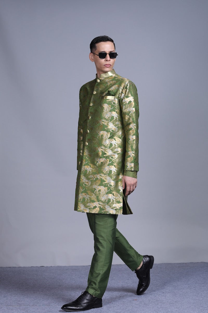 Men's Jeev Gold-Silver Brocade Sherwani- Forest Green colour with matching Kurta-Pyjama
