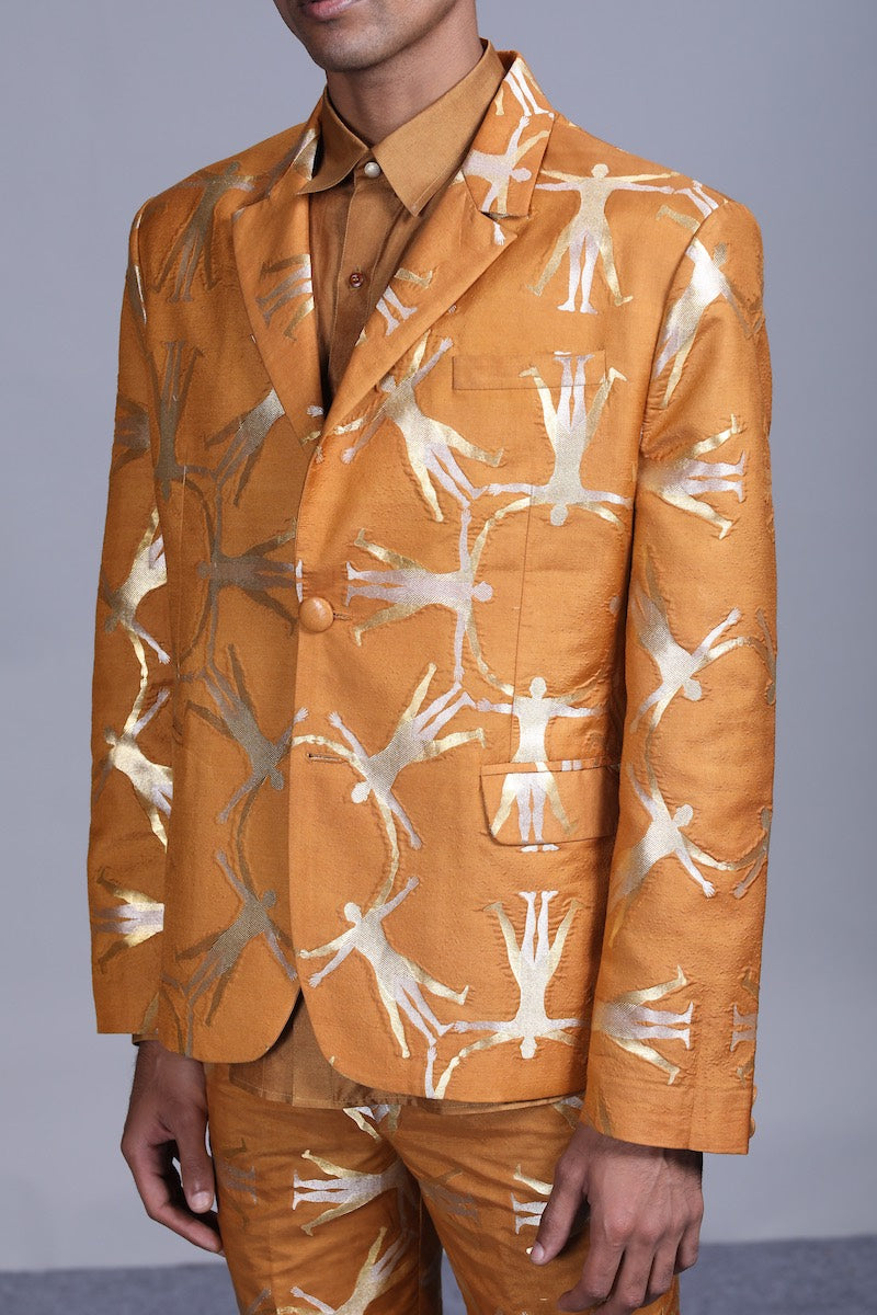 Men's Deh Gold-Silver Brocade Jacket - Mustard colour, Notch-lapel collar