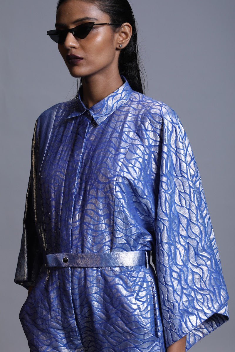 Women's Udaka Silver Brocade Boiler Suit- Ocean Blue colour, Kimona Sleeves, detachable belt