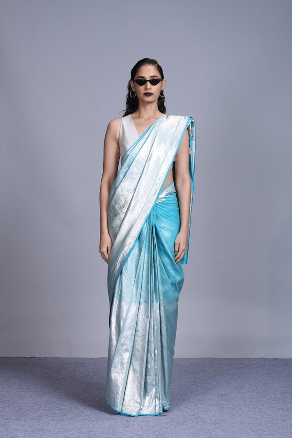 Women's Gagan Silver Brocade Saree - Gradiant Blue colour