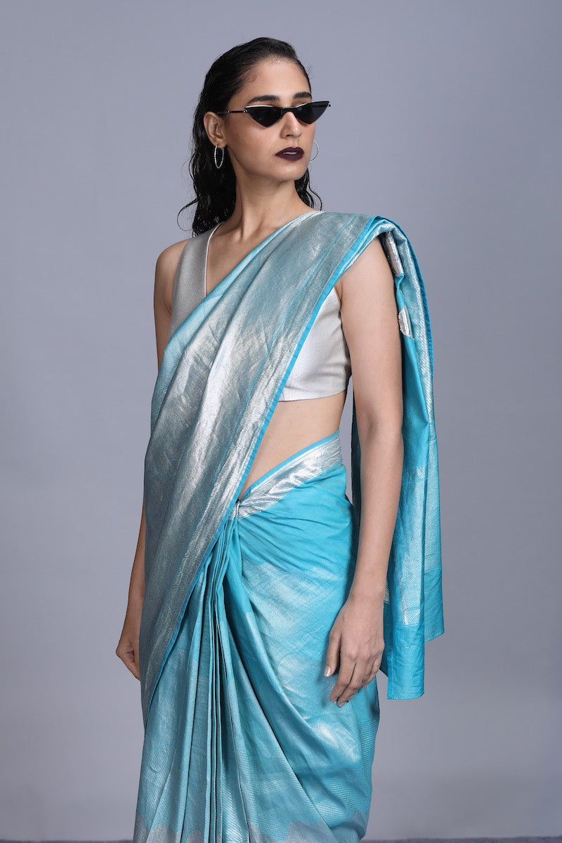 Women's Gagan Silver Brocade Saree - Gradiant Blue colour