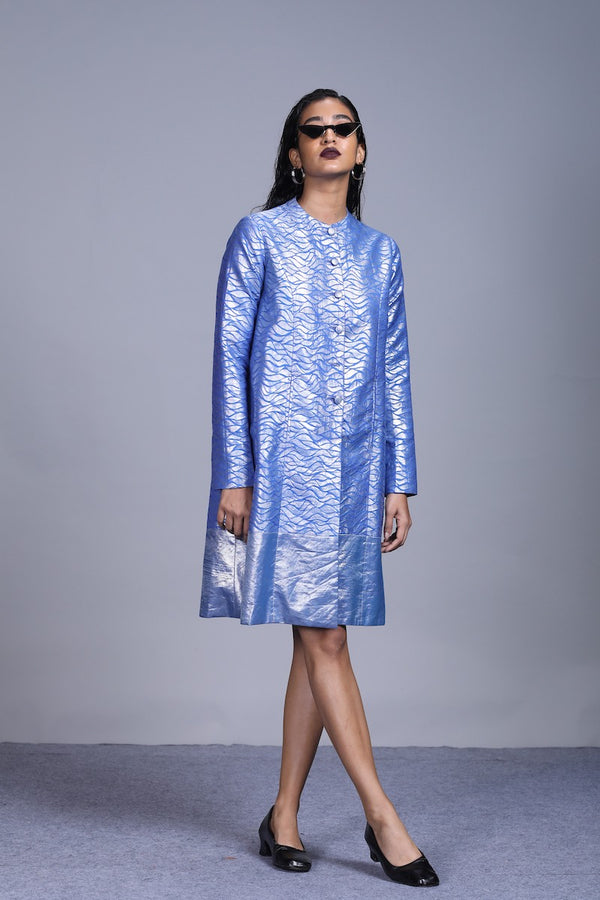 Women's Udaka Silver Brocade Panelled Jacket dress- Ocean Blue colour, Full Sleeves