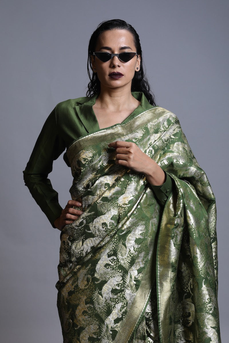 Women's Jeev Gold-Silver Brocade Saree - Forest Green colour