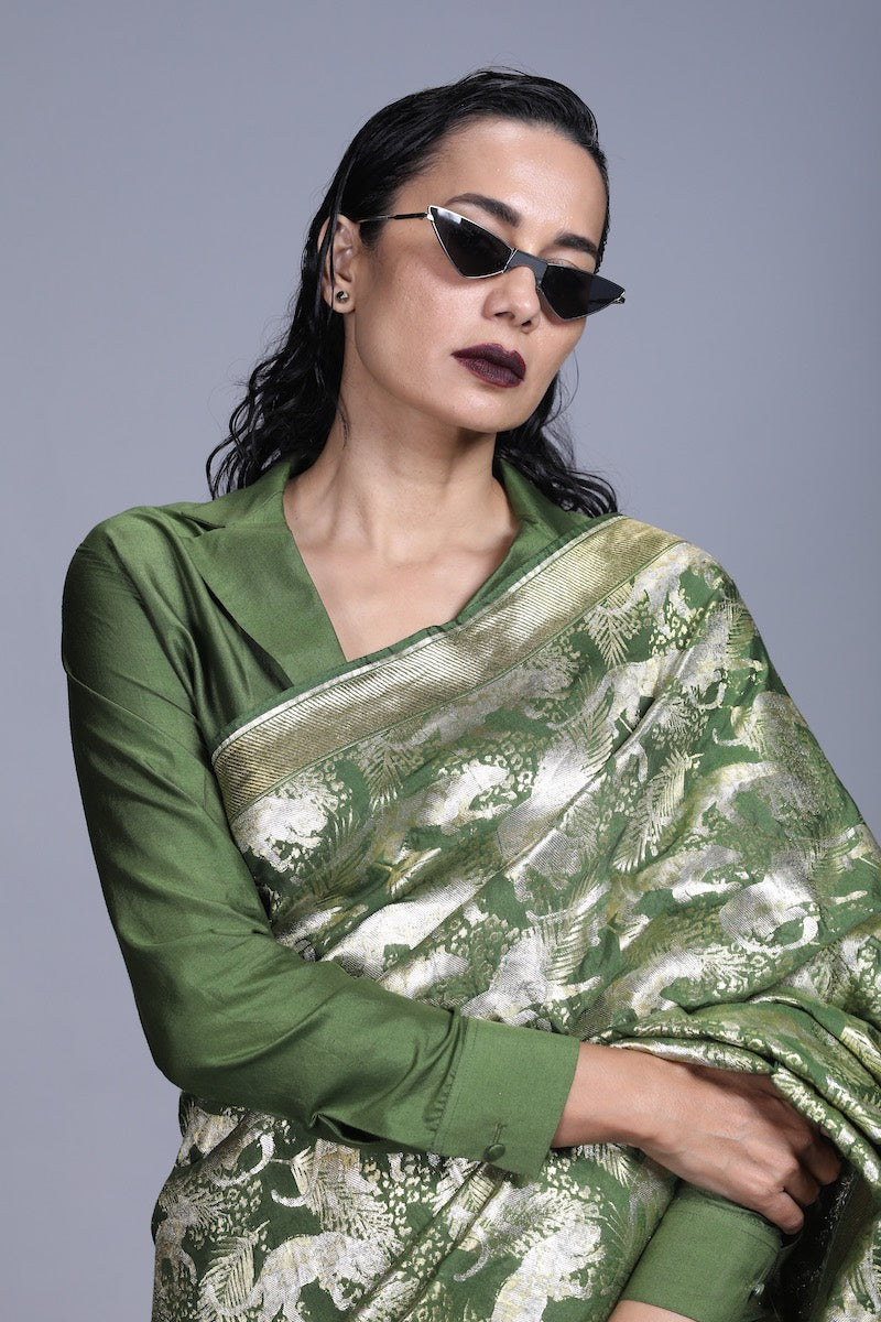 Women's Spun Silk crop shirt-  Forest Green colour, Lapel Collar, full sleeves