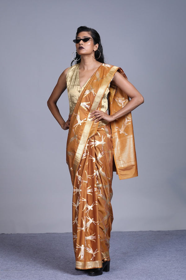 Women's Deh Gold-Silver Brocade Saree - Mustard colour