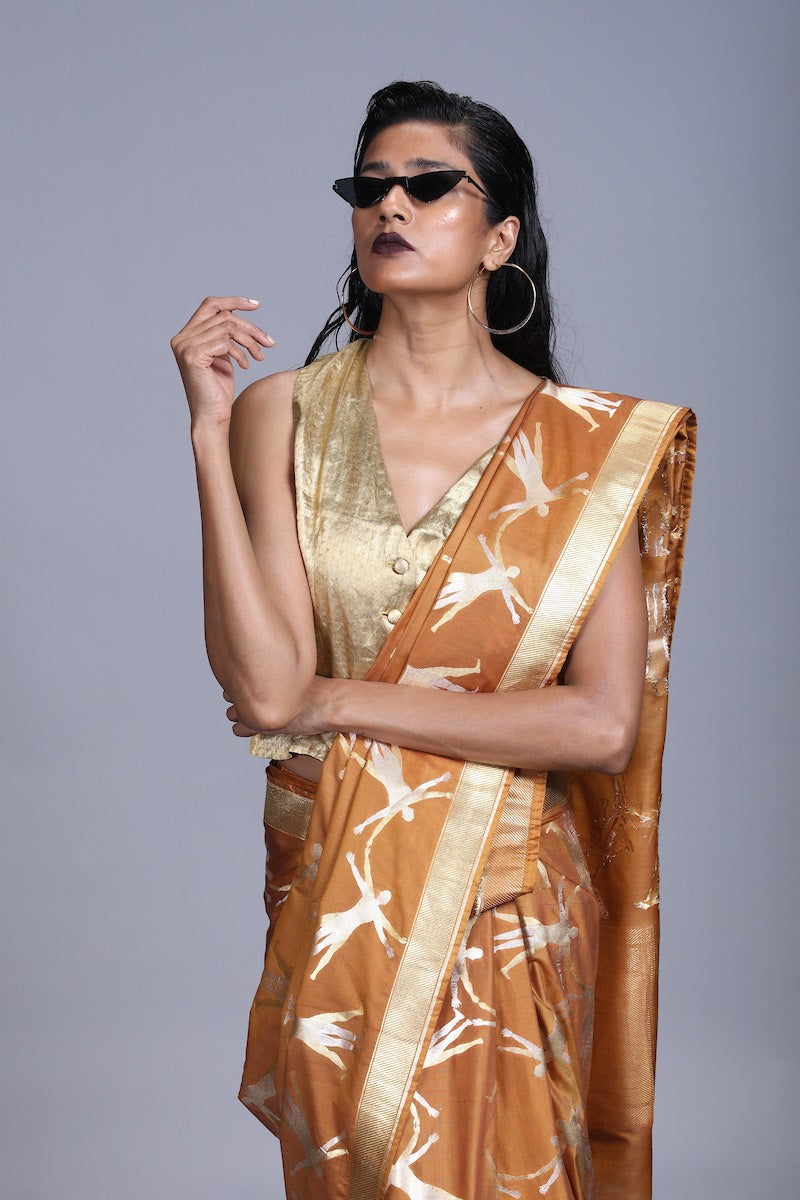 Women's Deh Gold-Silver Brocade Saree - Mustard colour