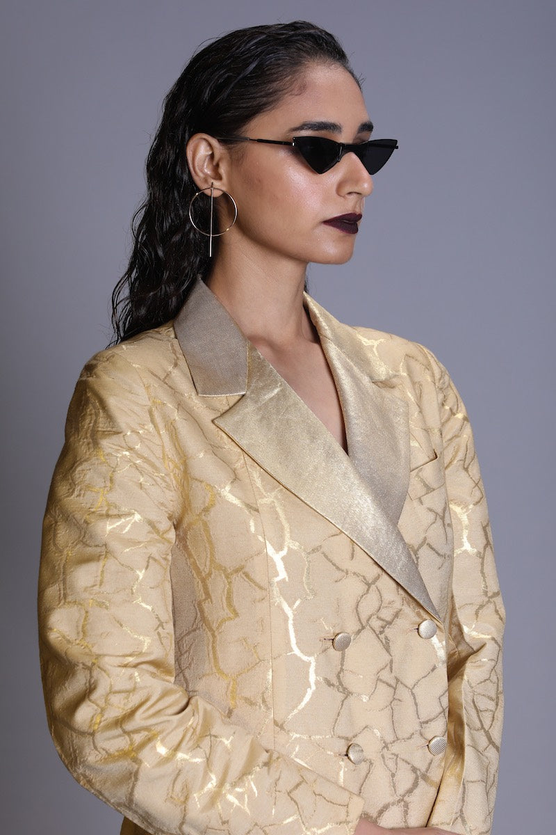 Women's Bhoomi Gold Brocade Trench -Soil Colour, Double-breasted, Gold Lapel