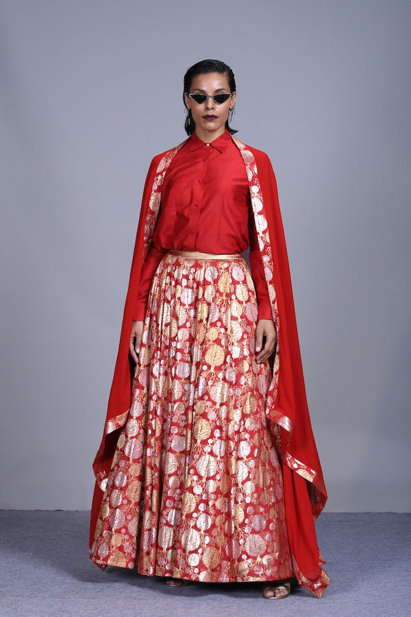 Women's Mano Gold-Silver Brocade Lehenga - Red colour, panelled