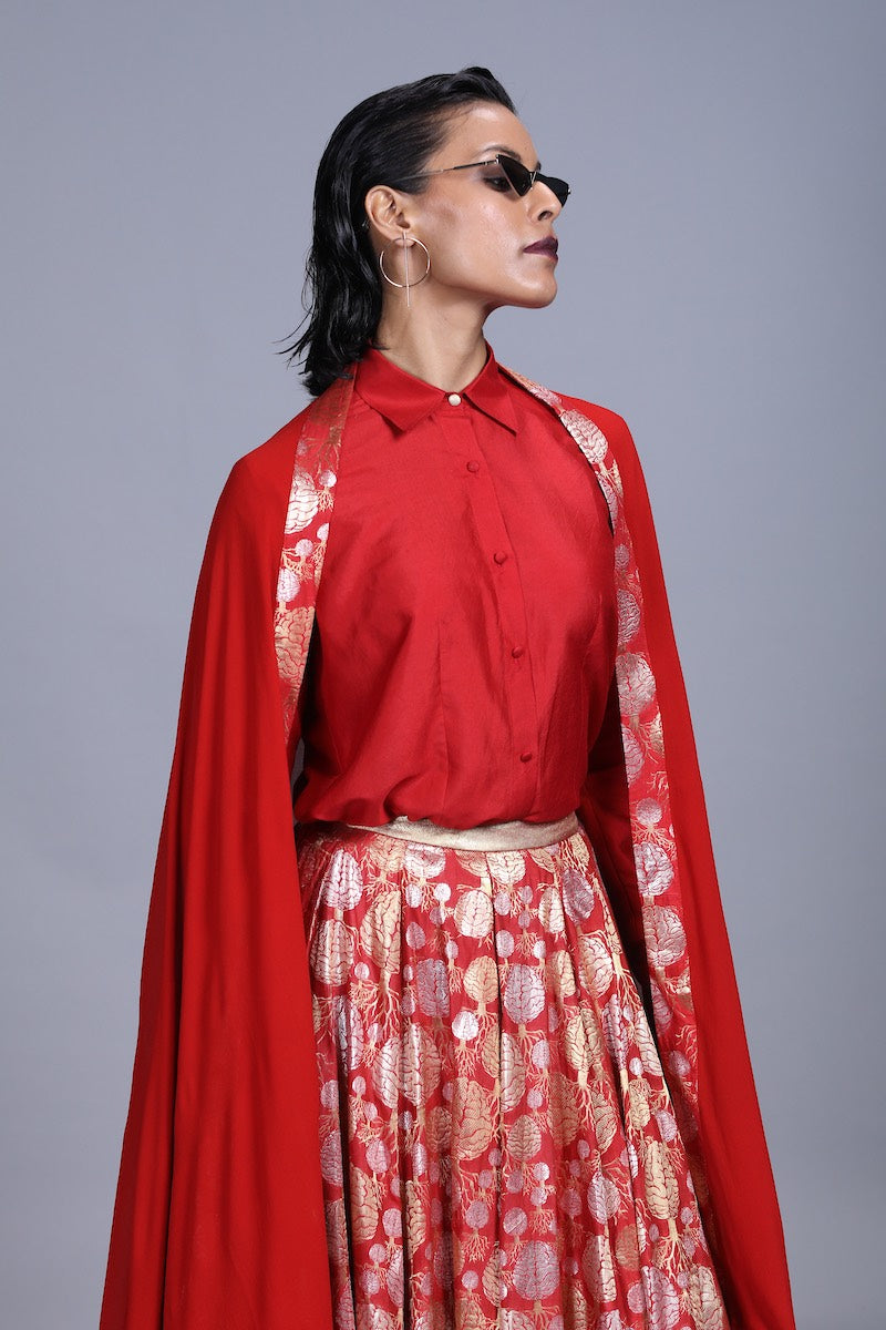 Women's Spun Silk Shirt- Red colour, full- sleeves