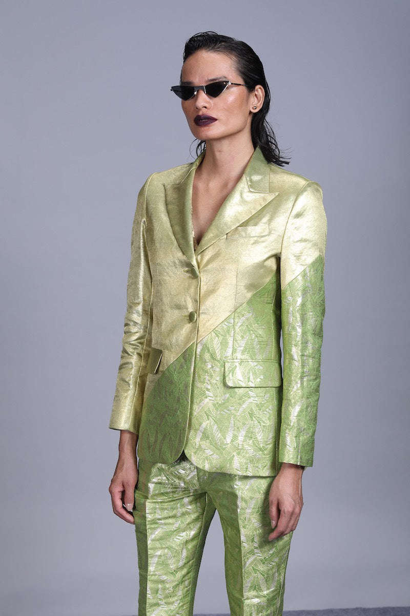 Women's Jagat Gold Silver Brocade  Jacket-  Leaf Green Colour, Single-Breasted, Two Button Asymmetric Panelled
