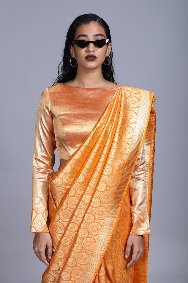Women's Agni Gold Brocade Saree- Citrus Orange Colour