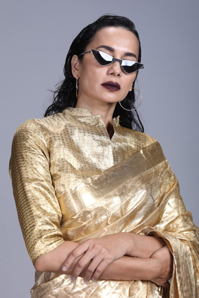 Women's Surya Brocade full-metallic Blouse- Mandrin Collar, 3/4th sleeves