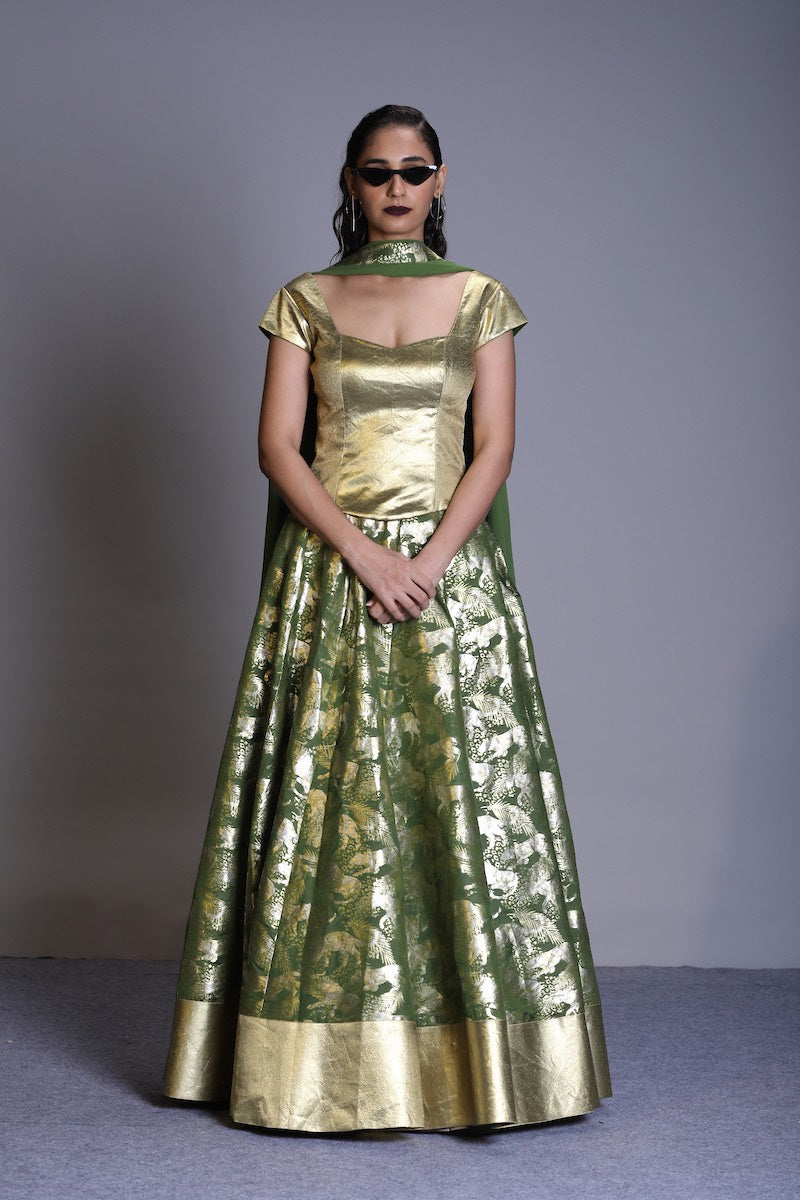 Women's Jeev Gold-Silver Brocade Lehenga - Forest Green colour
