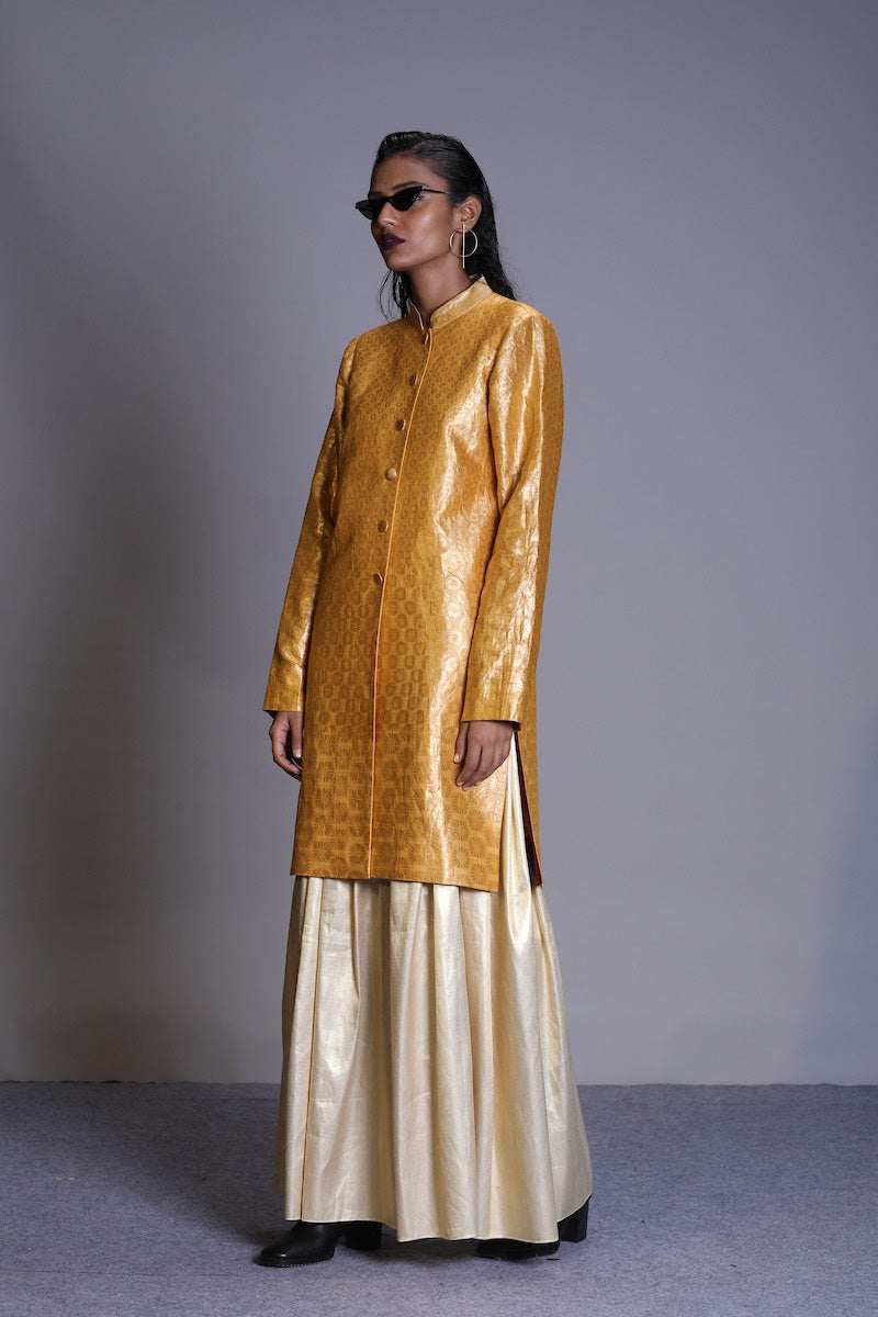 Women's Surya Gold Brocade Sherwani- Metallic Yellow colour
