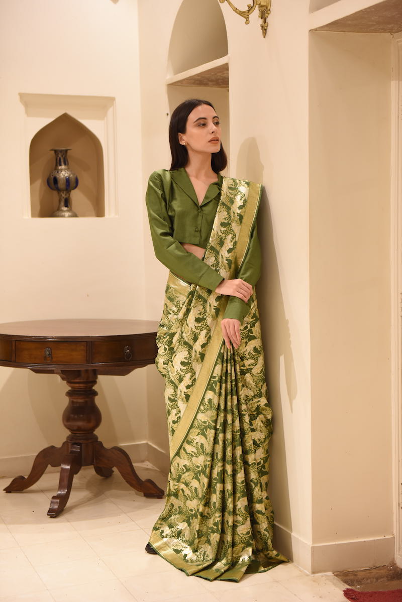 Women's Jeev Gold-Silver Brocade Saree - Forest Green colour