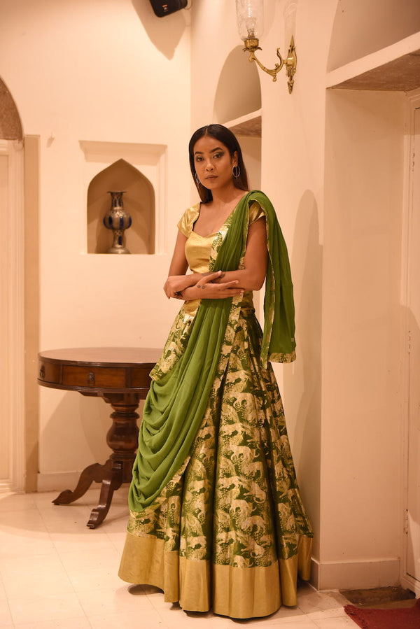 Women's Jeev Gold-Silver Brocade Lehenga - Forest Green colour
