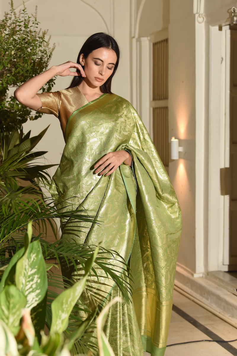 Women's Jagat Gold-Silver Brocade Saree - Leaf Green colour