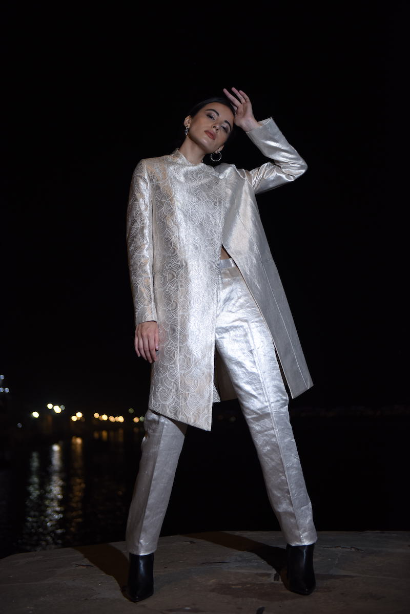 Women's Vayu Silver Brocade Long Jacket- White colour, Asymmetric Panelled, Single Button