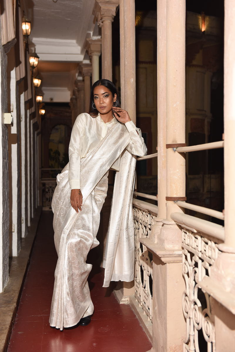 Women's Vayu Silver Brocade Saree - White colour