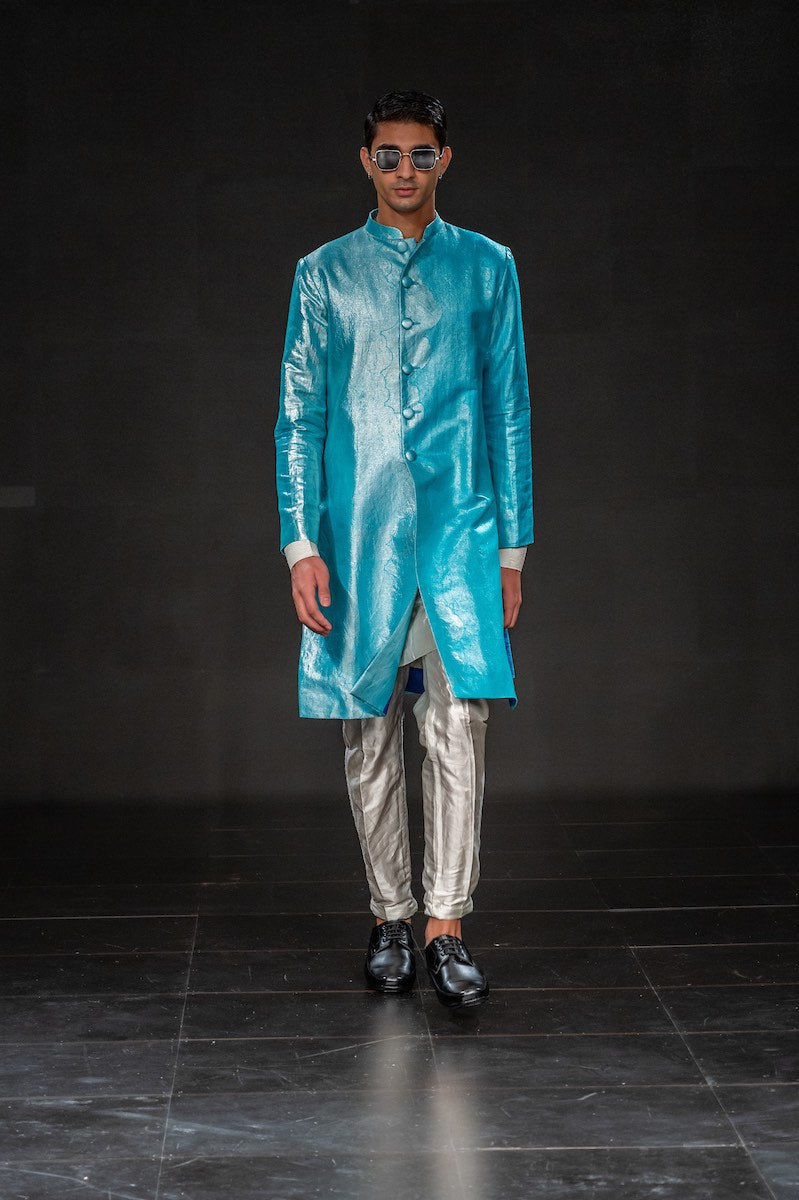 Men's Gagan Silver Brocade Sherwani - Gradiant Blue Colour with matching Kurta-Pyjama