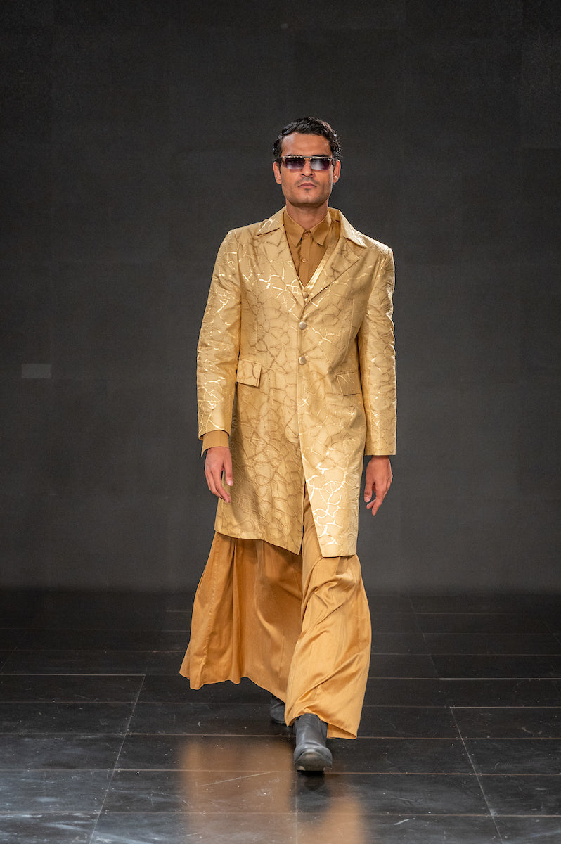 Men's Bhoomi Gold Brocade Long Jacket- Soil colour, single-breasted, Two button, full-sleeves