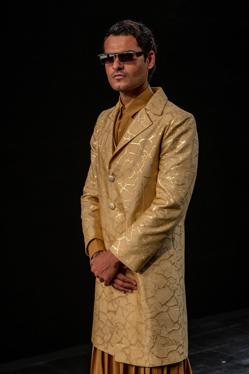 Men's Bhoomi Gold Brocade Long Jacket- Soil colour, single-breasted, Two button, full-sleeves