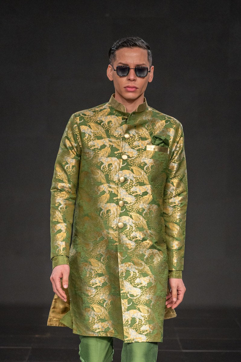 Men's Jeev Gold-Silver Brocade Sherwani- Forest Green colour with matching Kurta-Pyjama